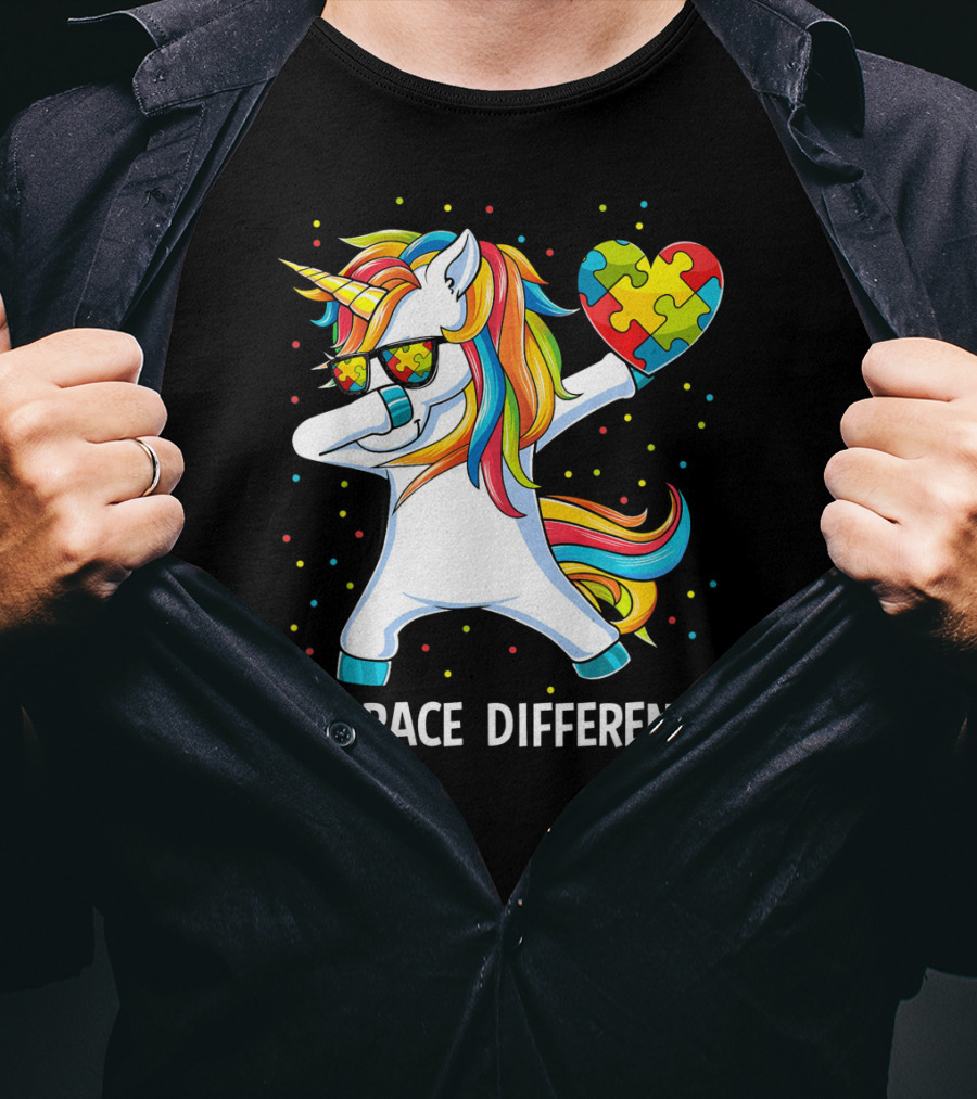 Embrace Differences Autism Awareness Unicorn Dab Puzzle Heart T-Shirt