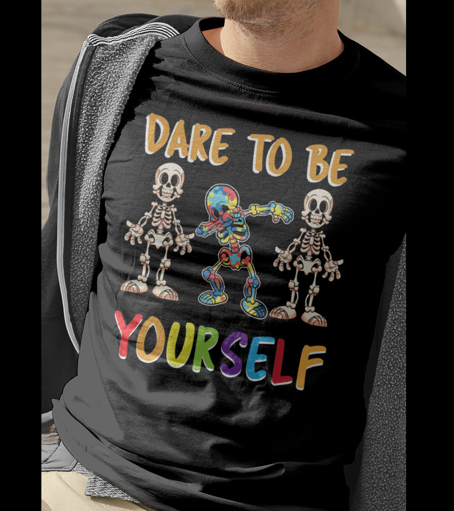 Dare To Be Yourself Autism Awareness Day Skeleton Dabbing T-Shirt