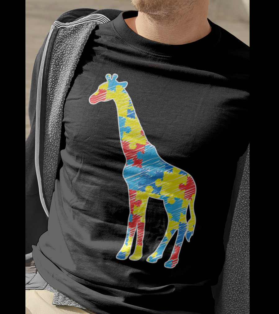 Cute Giraffe Puzzle Pattern Autism Awareness T-Shirt