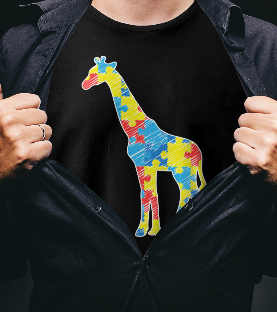 Cute Giraffe Puzzle Pattern Autism Awareness T-Shirt