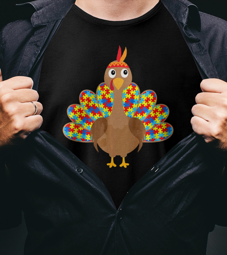 Cute Turkey With Autism Awareness Puzzle Pattern Tail T-Shirt