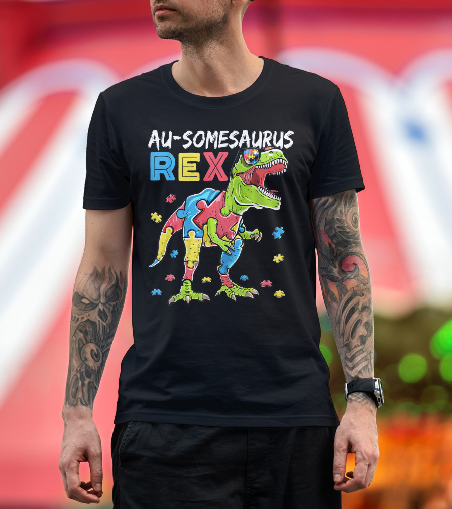 Au-somesaurus Rex Dinosaur Autism Awareness Puzzle Pieces T-Shirt