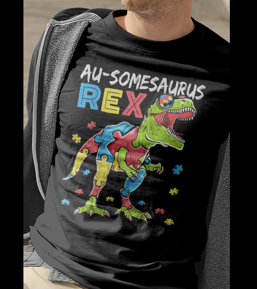 Au-somesaurus Rex Dinosaur Autism Awareness Puzzle Pieces T-Shirt
