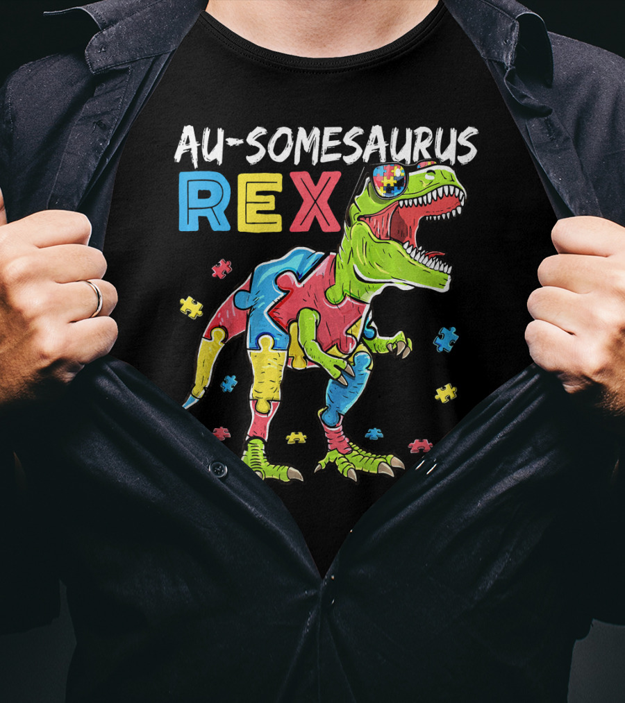 Au-somesaurus Rex Dinosaur Autism Awareness Puzzle Pieces T-Shirt