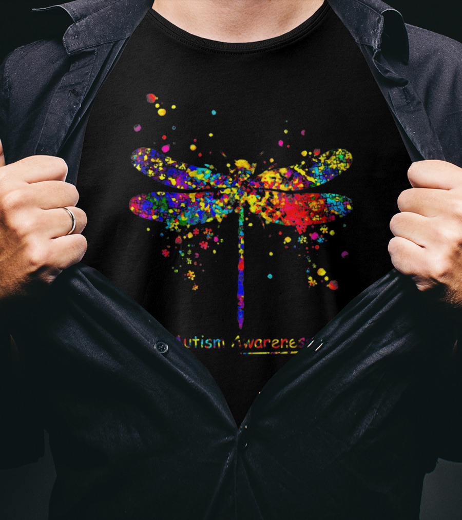 Dragonfly Autism Awareness Colorful Splash T-Shirt