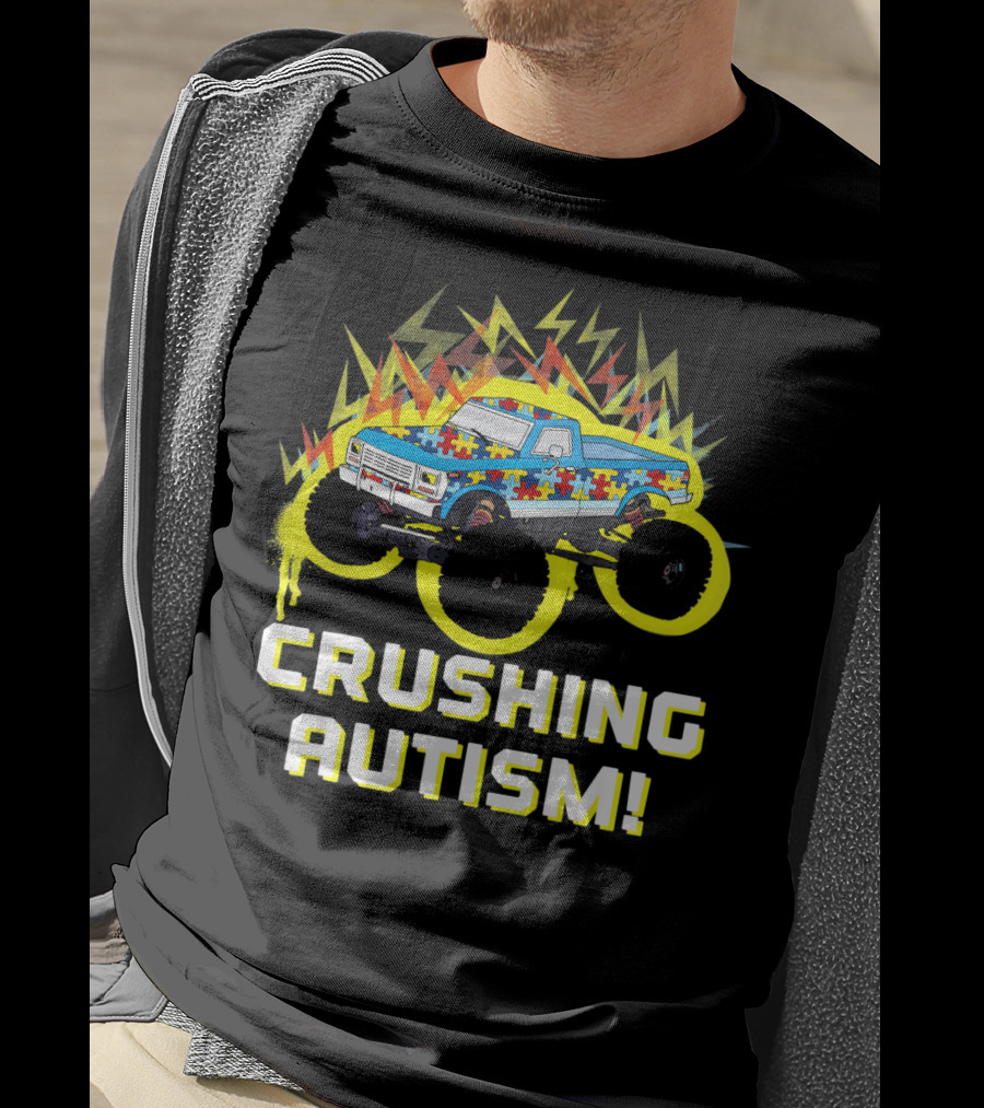 Crushing Autism Awareness Monster Truck With Puzzle Pattern And Lightning T-Shirt