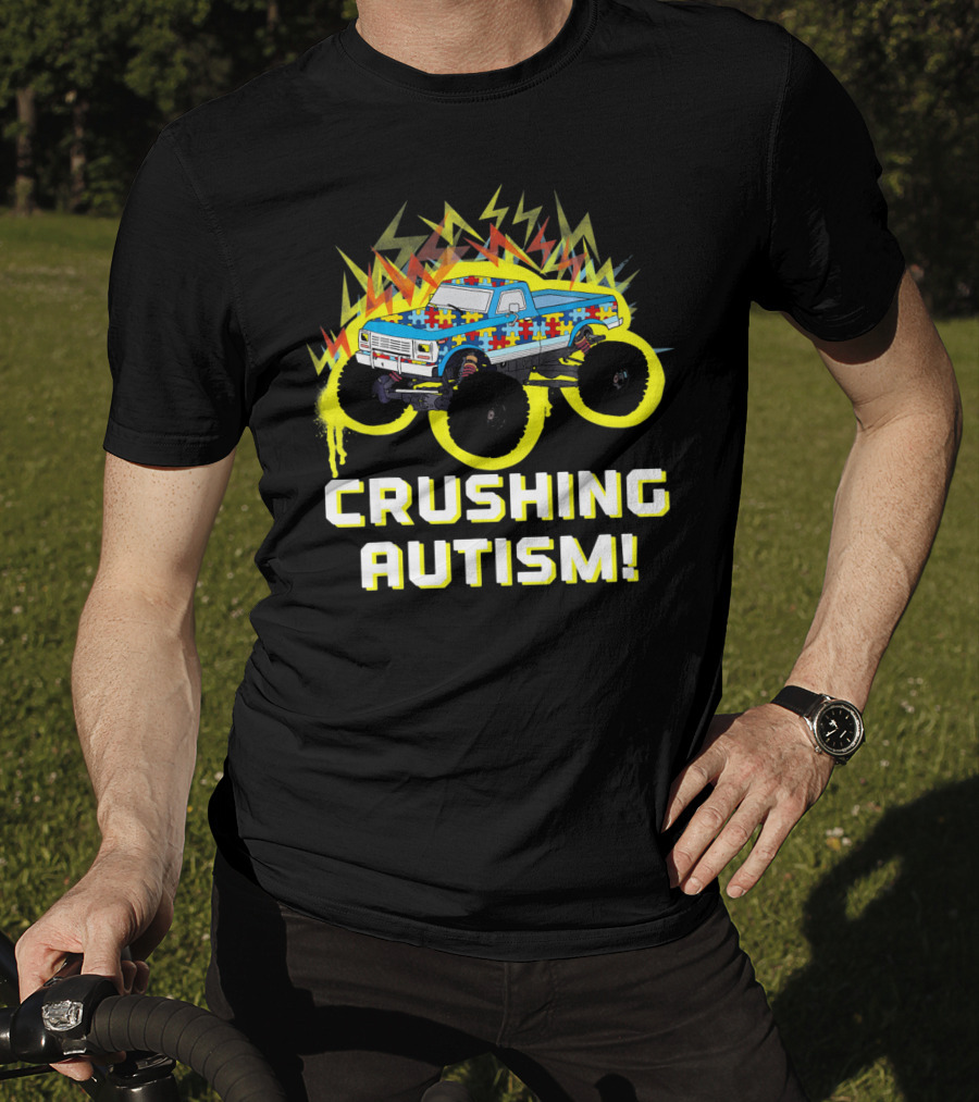 Crushing Autism Awareness Monster Truck With Puzzle Pattern And Lightning T-Shirt