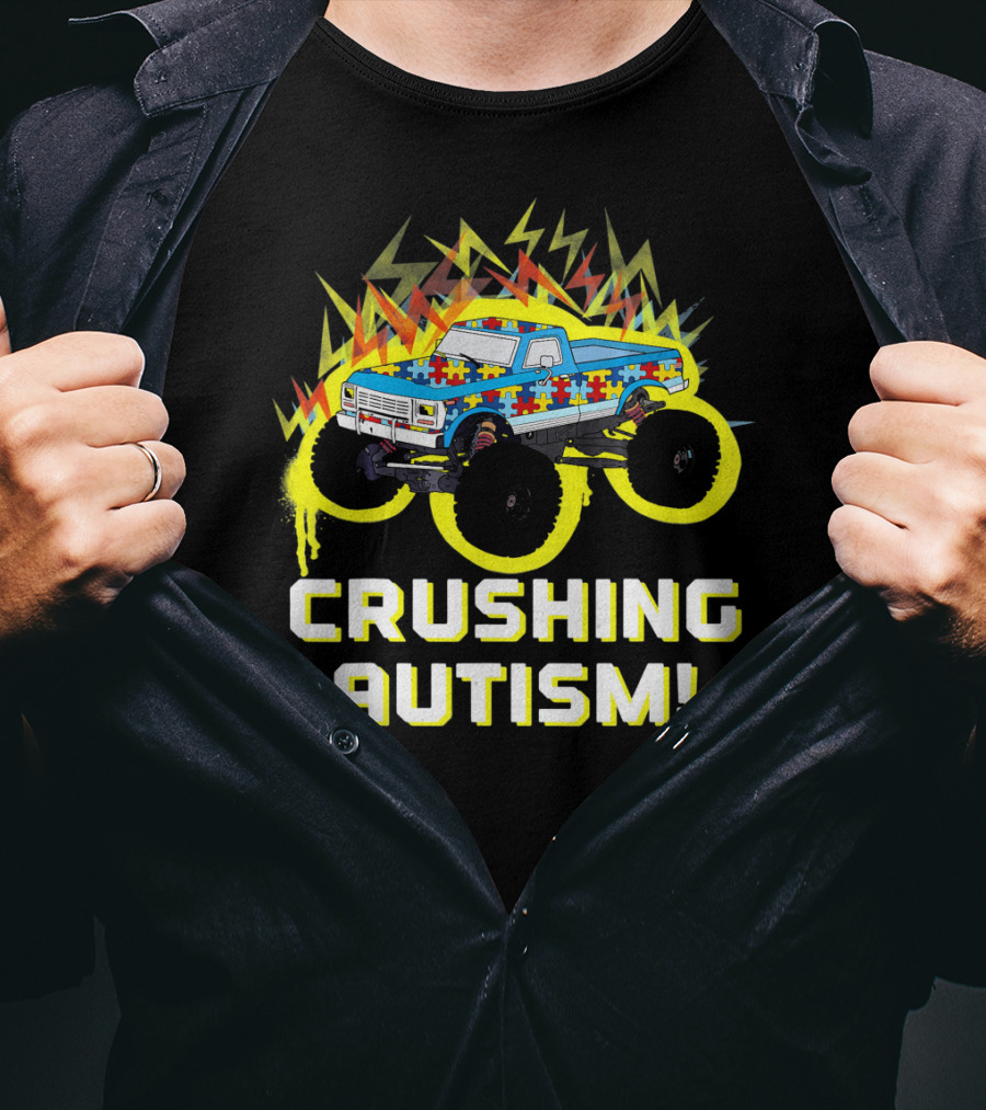 Crushing Autism Awareness Monster Truck With Puzzle Pattern And Lightning T-Shirt