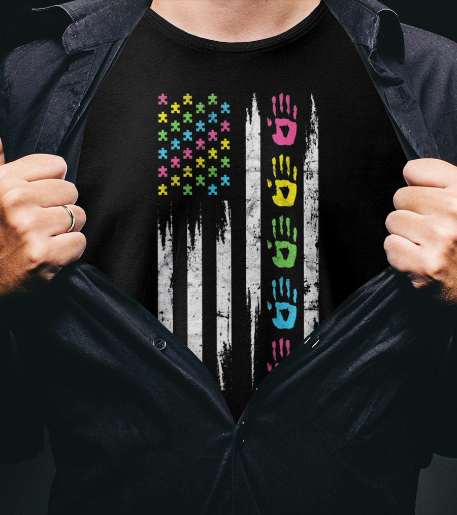 Autism Awareness Puzzle Piece Handprint USA Flag T-Shirt