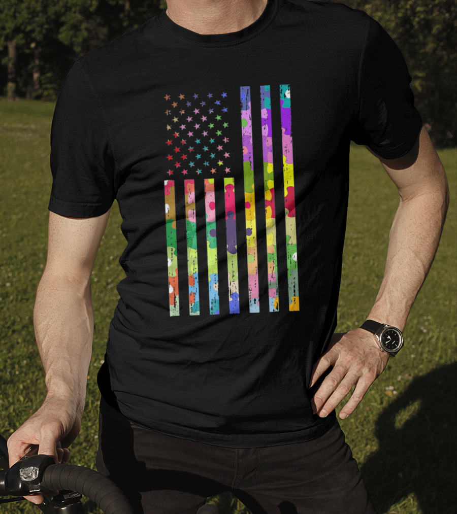 Autism Awareness Puzzle Pattern American Flag T-Shirt