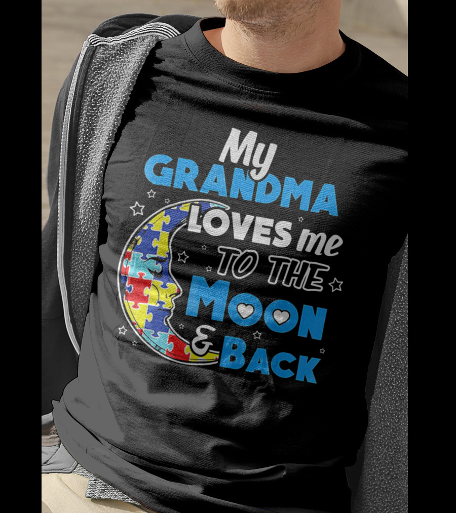 My Grandma Loves Me To The Moon And Back Puzzle Piece Moon Hearts Stars T-Shirt