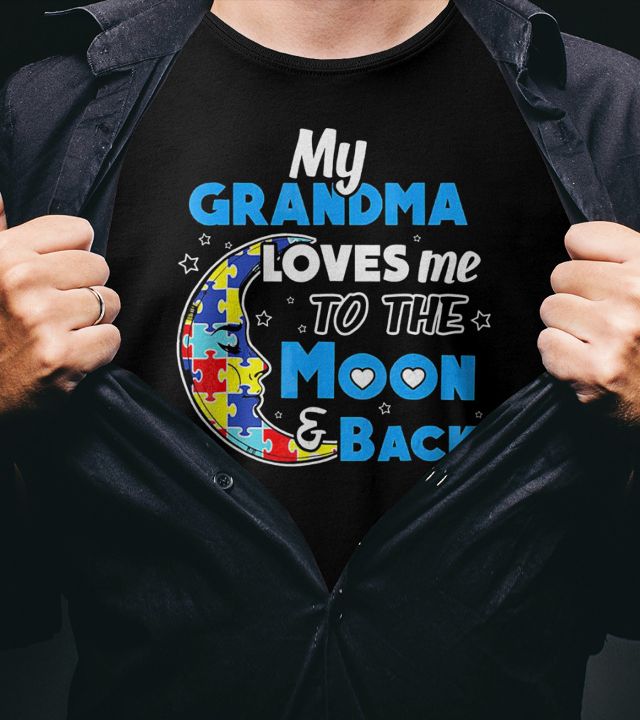 My Grandma Loves Me To The Moon And Back Puzzle Piece Moon Hearts Stars T-Shirt