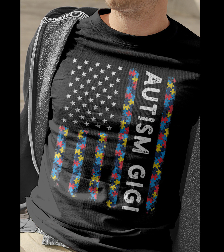 Autism Gigi American Flag Puzzle Piece Awareness T-Shirt