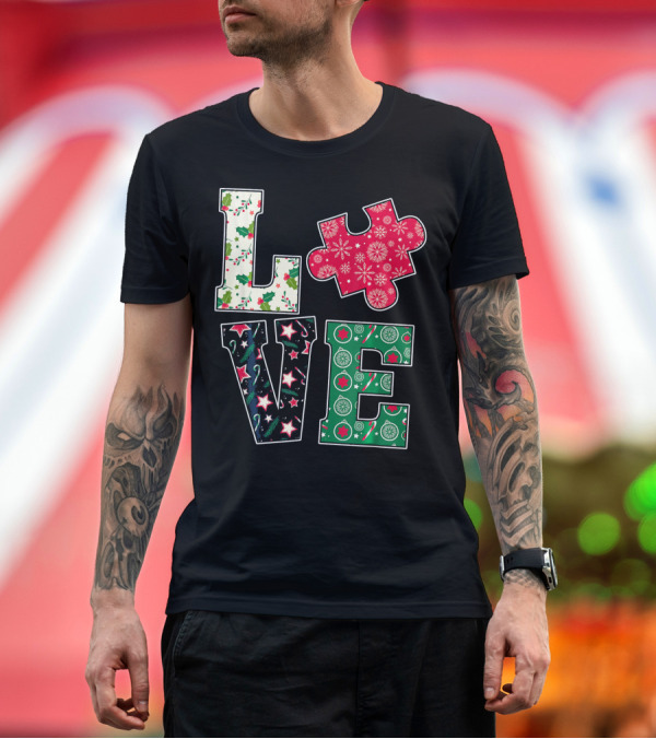 Premium T-Shirt: LOVE Puzzle Christmas Autism Awareness Holiday T-Shirt LOVE Puzzle Christmas Autism Awareness Holiday T-Shirt