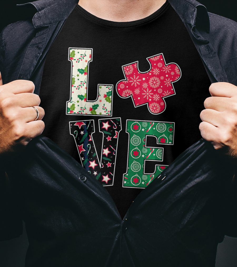LOVE Puzzle Christmas Autism Awareness Holiday T-Shirt