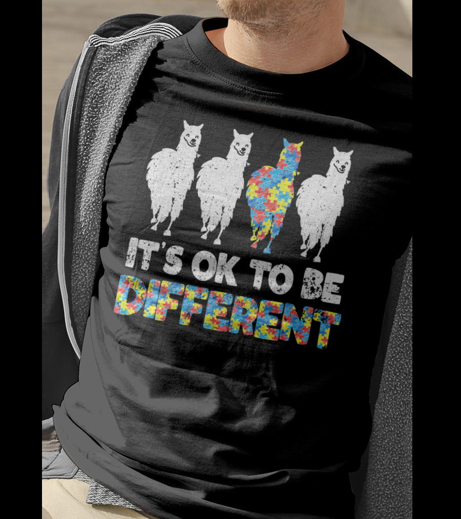 Autism Awareness Llama It's OK To Be Different Puzzle T-Shirt