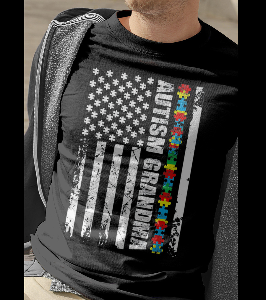 Autism Grandma American Flag Puzzle Piece Awareness T-Shirt