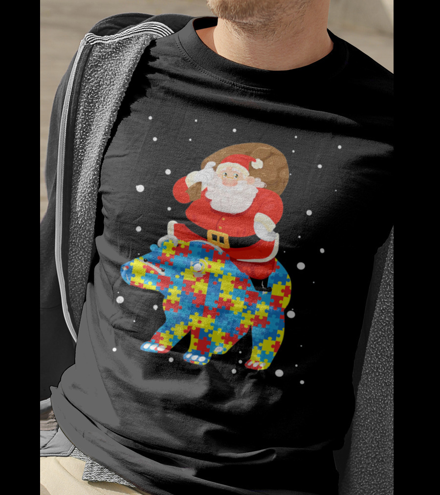 Santa Claus Riding Puzzle Bear Christmas Autism T-Shirt