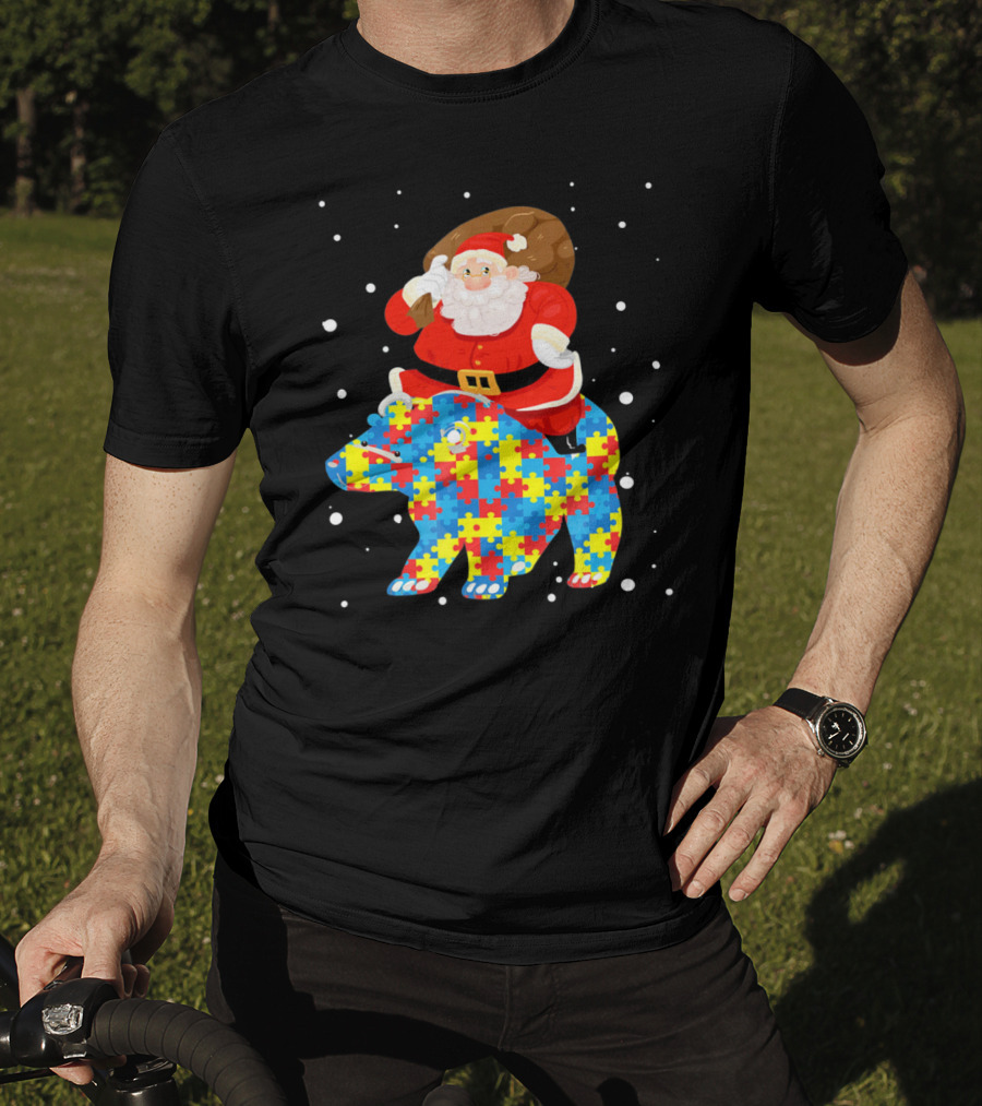 Santa Claus Riding Puzzle Bear Christmas Autism T-Shirt