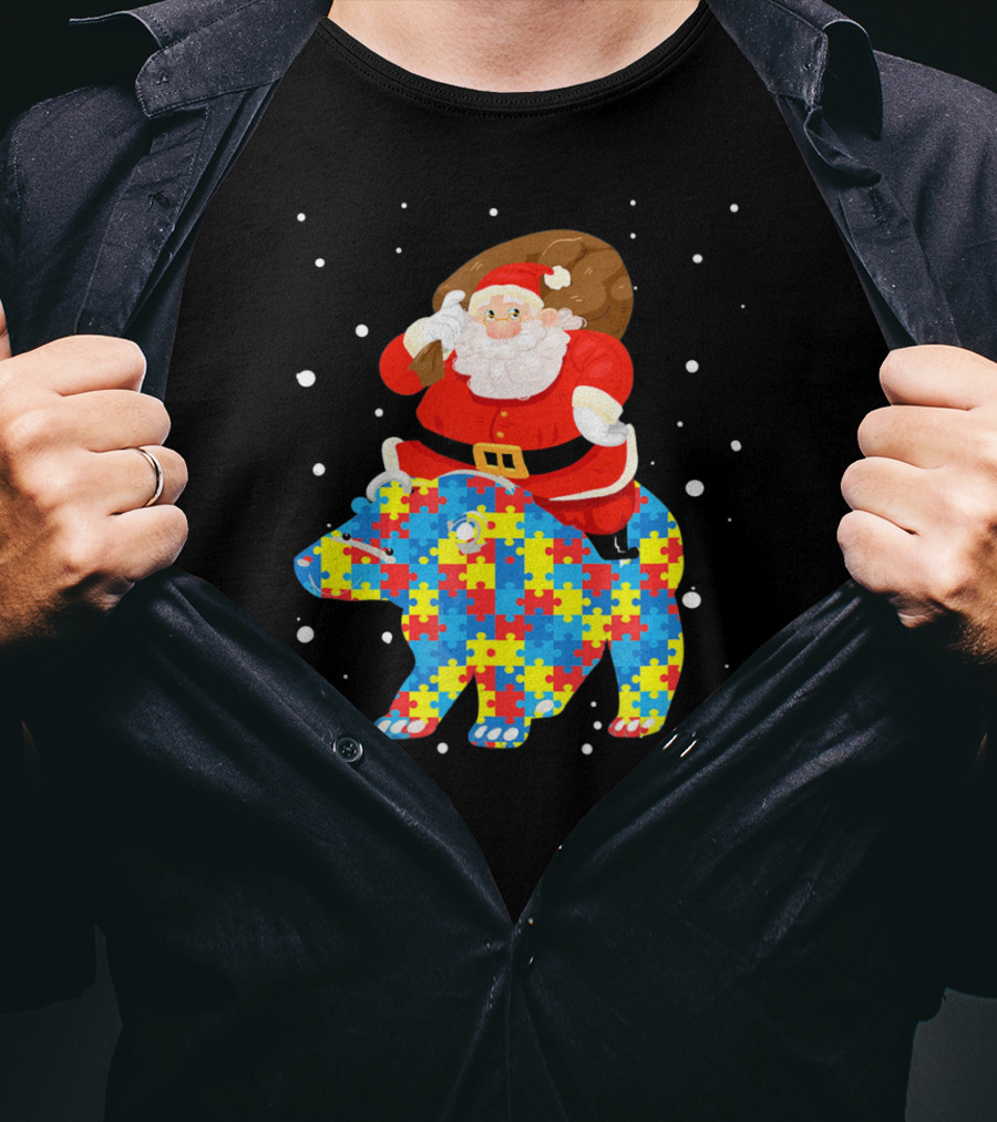 Santa Claus Riding Puzzle Bear Christmas Autism T-Shirt