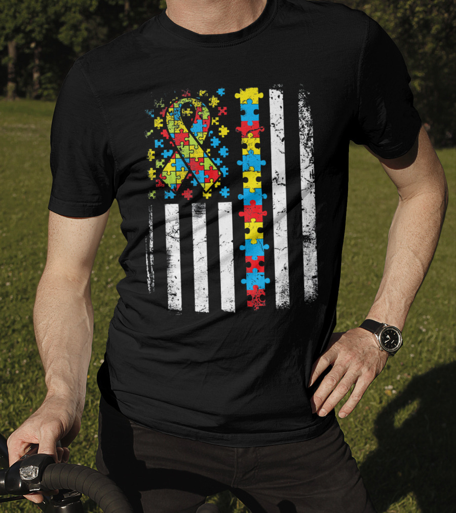Autism Awareness American Flag Puzzle T-Shirt