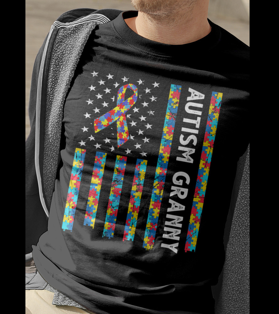 Autism Granny Puzzle Ribbon American Flag With Stars T-Shirt