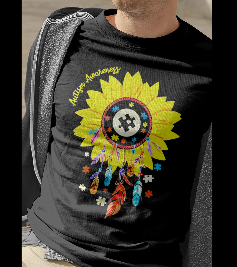 Autism Awareness Dream Catcher Sunflower With Puzzle Pieces T-Shirt