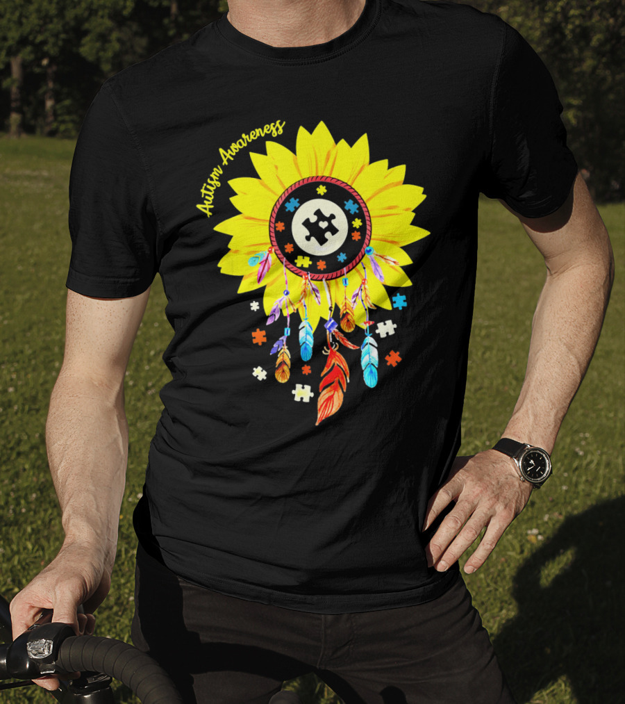 Autism Awareness Dream Catcher Sunflower With Puzzle Pieces T-Shirt