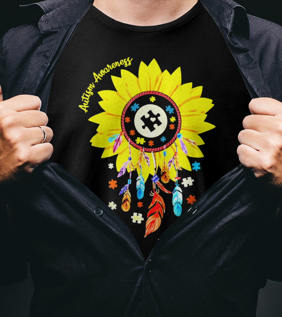 Autism Awareness Dream Catcher Sunflower With Puzzle Pieces T-Shirt