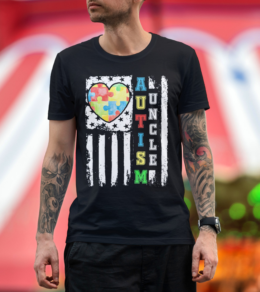 Autism Uncle US Flag Puzzle Heart T-Shirt