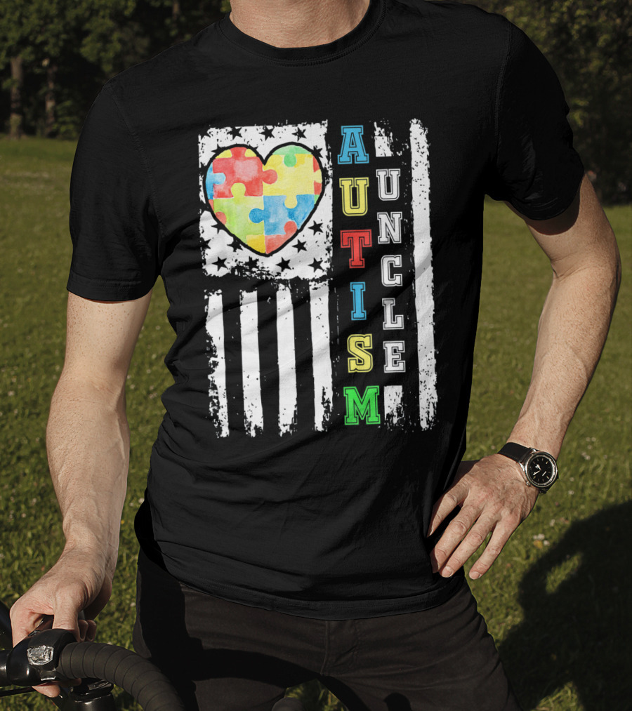 Autism Uncle US Flag Puzzle Heart T-Shirt