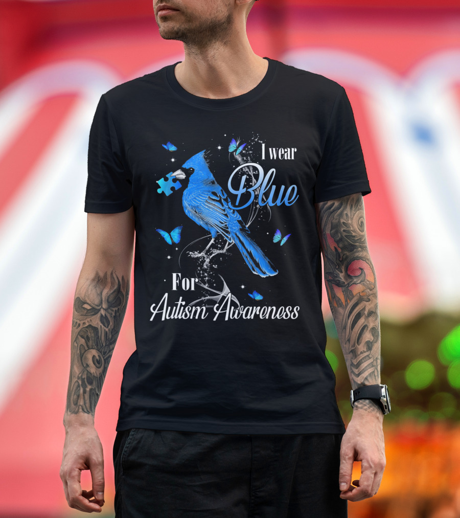 I Wear Blue For Autism Awareness Cardinal Bird Puzzle Piece Butterfly T-Shirt