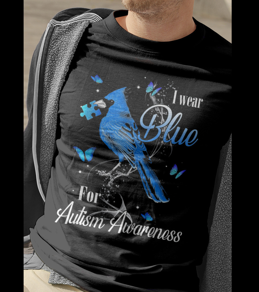 I Wear Blue For Autism Awareness Cardinal Bird Puzzle Piece Butterfly T-Shirt