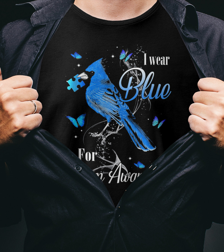 I Wear Blue For Autism Awareness Cardinal Bird Puzzle Piece Butterfly T-Shirt