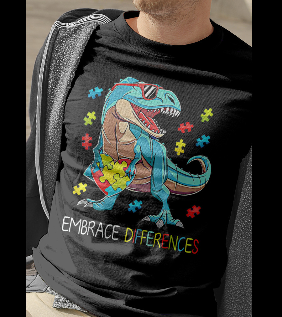 Embrace Differences Autism Awareness Dinosaur Rex Puzzle T-Shirt