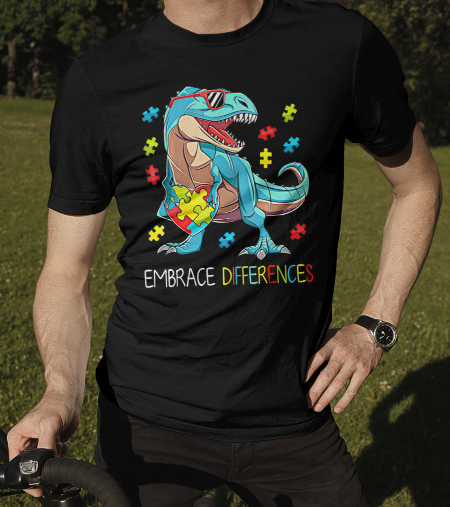Embrace Differences Autism Awareness Dinosaur Rex Puzzle T-Shirt