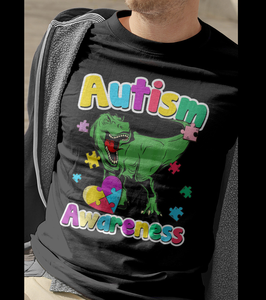 Autism Awareness Colorful Puzzle Tyrannosaurus T-Shirt