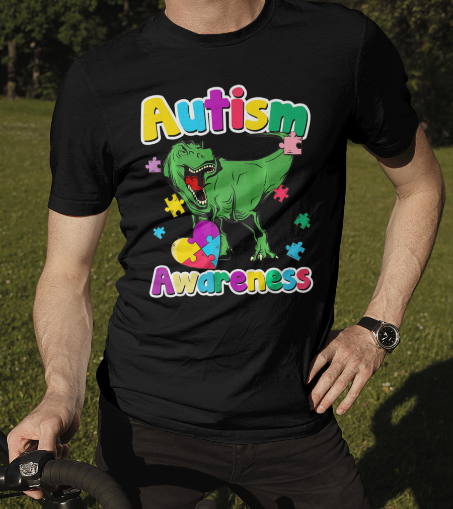 Autism Awareness Colorful Puzzle Tyrannosaurus T-Shirt