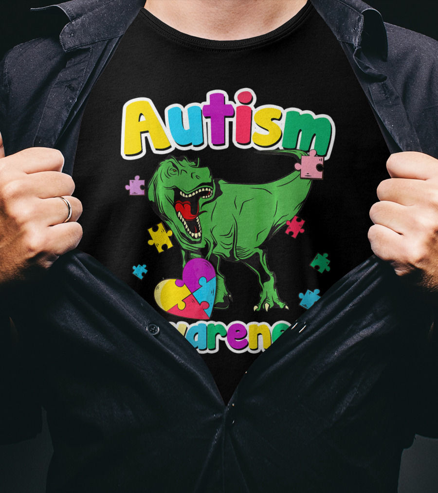 Autism Awareness Colorful Puzzle Tyrannosaurus T-Shirt