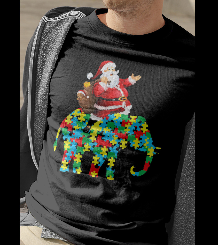 Santa Claus Riding Puzzle Piece Elephant Christmas Autism T-Shirt