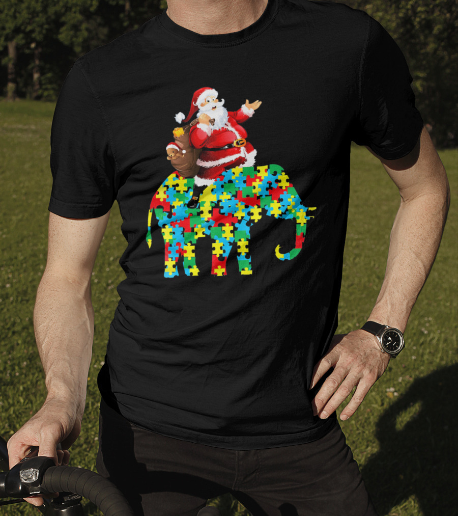 Santa Claus Riding Puzzle Piece Elephant Christmas Autism T-Shirt