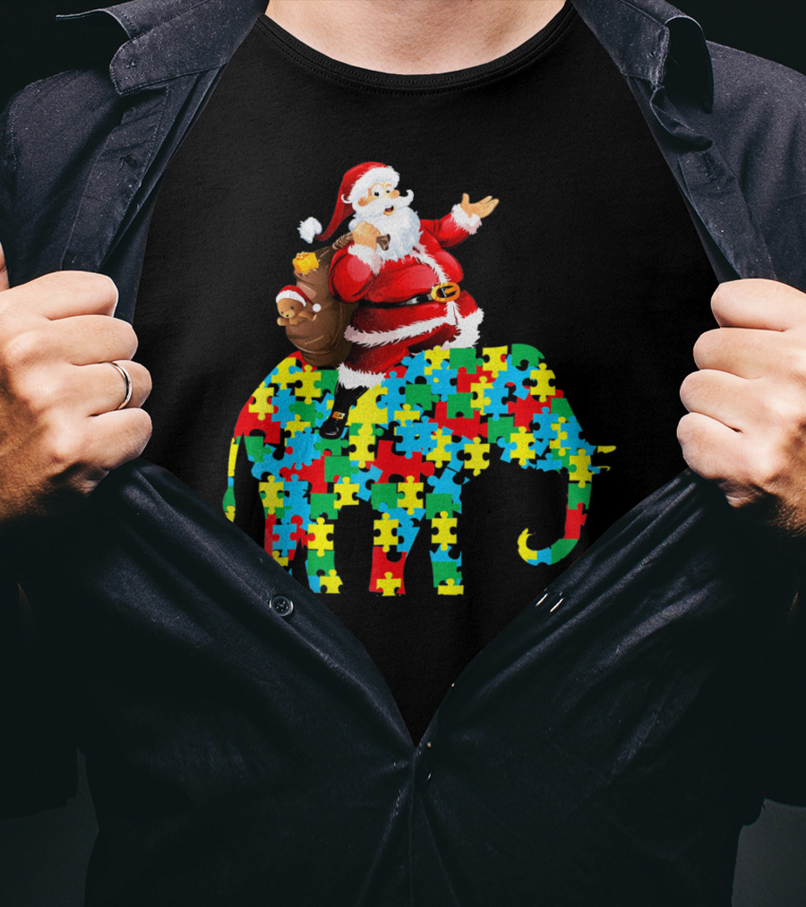 Santa Claus Riding Puzzle Piece Elephant Christmas Autism T-Shirt