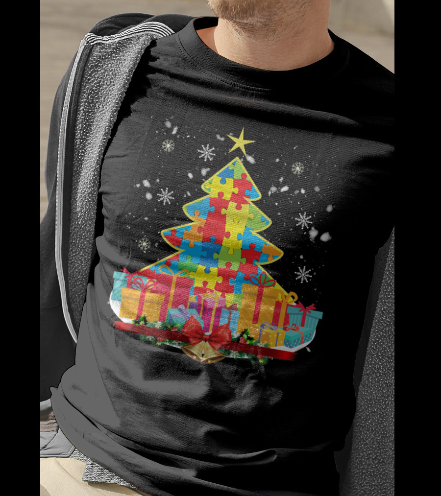Christmas Tree Puzzle Pieces Autism Awareness T-Shirt