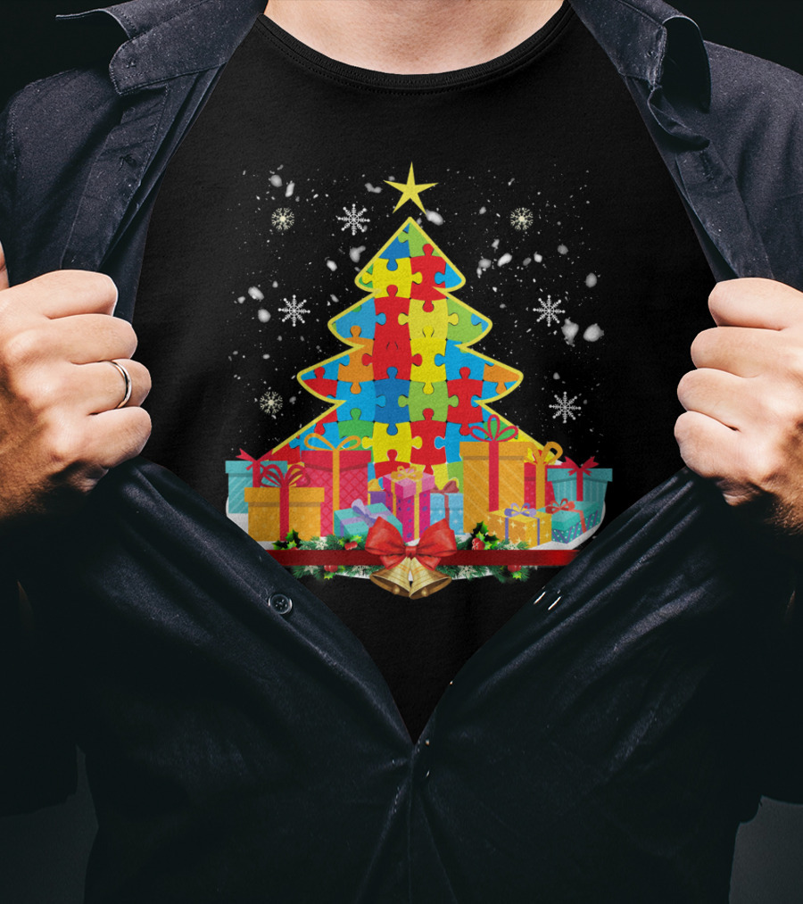 Christmas Tree Puzzle Pieces Autism Awareness T-Shirt