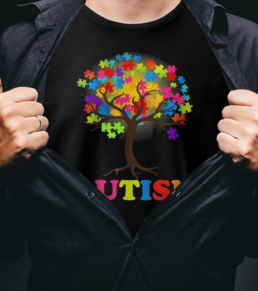 Autism Puzzle Pieces Tree Multicolored Branches T-Shirt