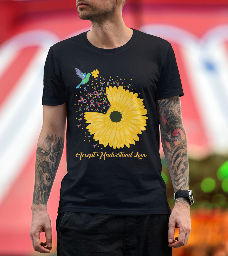 Sunflower Accept Understand Love Puzzle Piece Hummingbird Autism Awareness T-Shirt