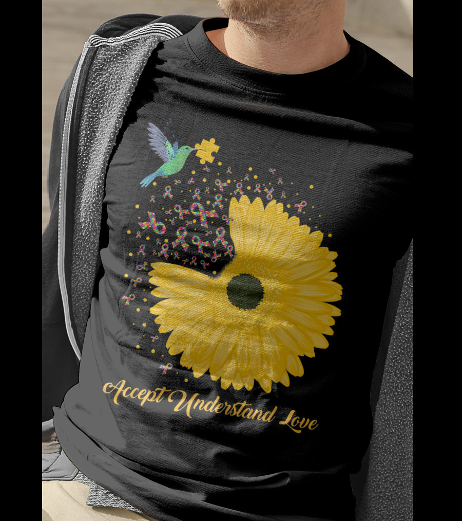 Sunflower Accept Understand Love Puzzle Piece Hummingbird Autism Awareness T-Shirt