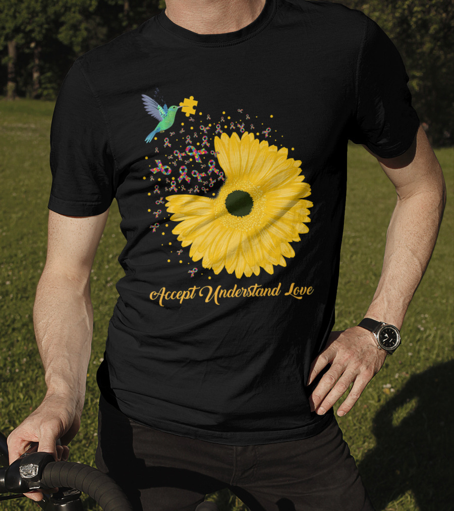 Sunflower Accept Understand Love Puzzle Piece Hummingbird Autism Awareness T-Shirt