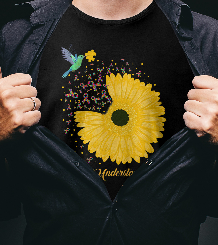 Sunflower Accept Understand Love Puzzle Piece Hummingbird Autism Awareness T-Shirt