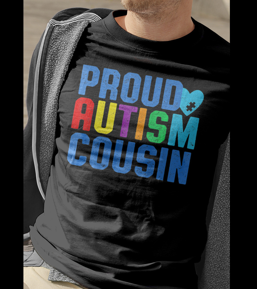 Proud Autism Cousin Family Support Rainbow Puzzle Heart T-Shirt